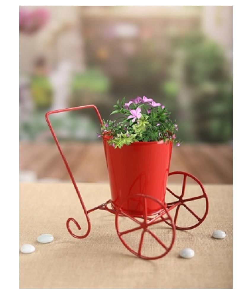 Homspurts 'Plant On Wheels' Table and Floor Decorative Metal Flower Planter Pot 1 Planter, 1 Stand (Glossy Red, 7.3 * 5.0 * 7.1Inch)