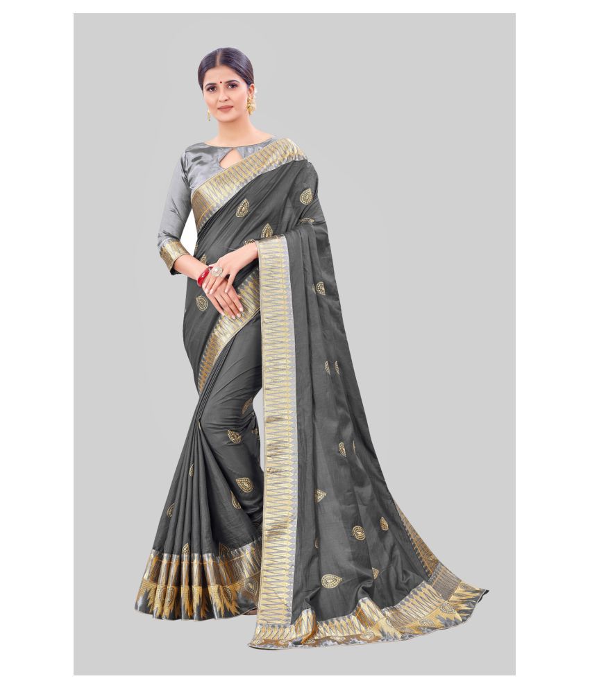 offline selection - Dark Grey Silk Blend Saree With Blouse Piece ( Pack of 1 )