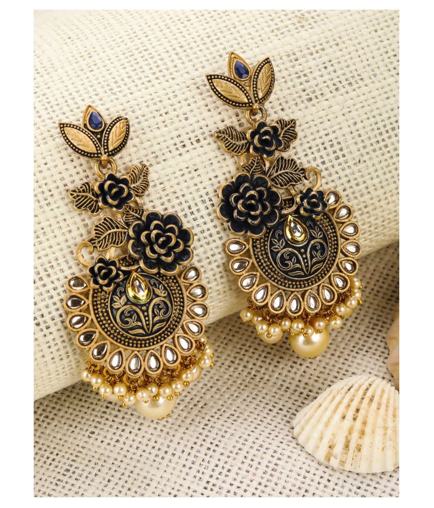     			Priyaasi Black Kundan Beads Pearls Gold Plated Floral Drop Earring