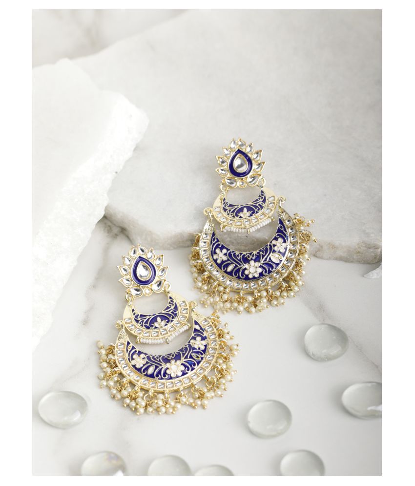     			Priyaasi Blue Kundan Beads Gold Plated Floral Traditional Jhumka Earring