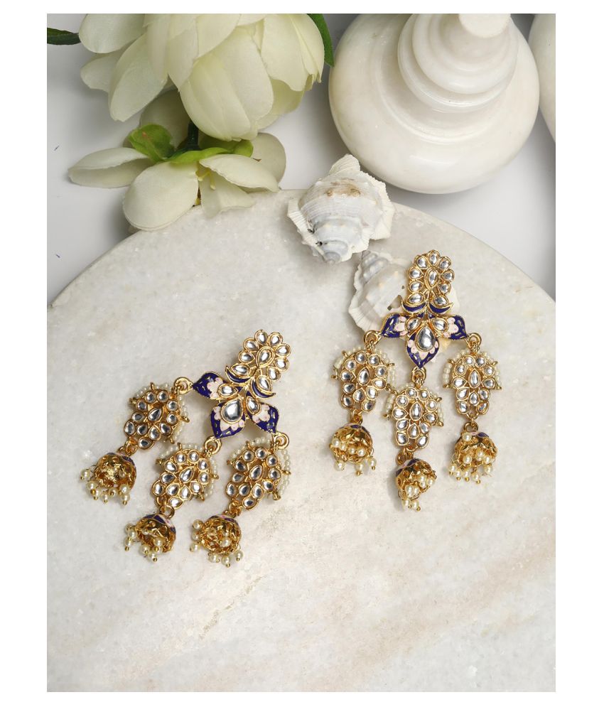     			Priyaasi Pink Blue Kundan Beads Gold Plated Drop Earring