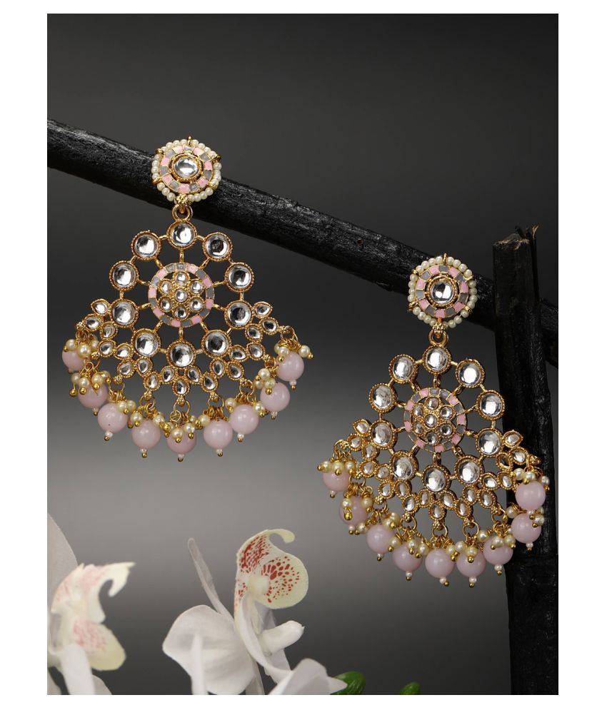     			Priyaasi Pink Grey Pearls Kundan Gold Plated Drop Earring