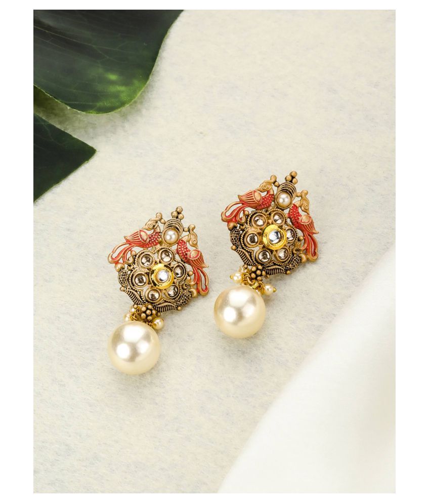     			Priyaasi Pink Kundan Pearls Gold Plated Peacock Drop Earring