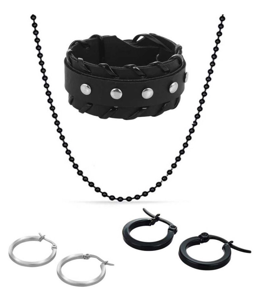 Black & Silver Color Earring, Balck Ball Chain & Black Cuff Wrist Band For Boys/Mens
