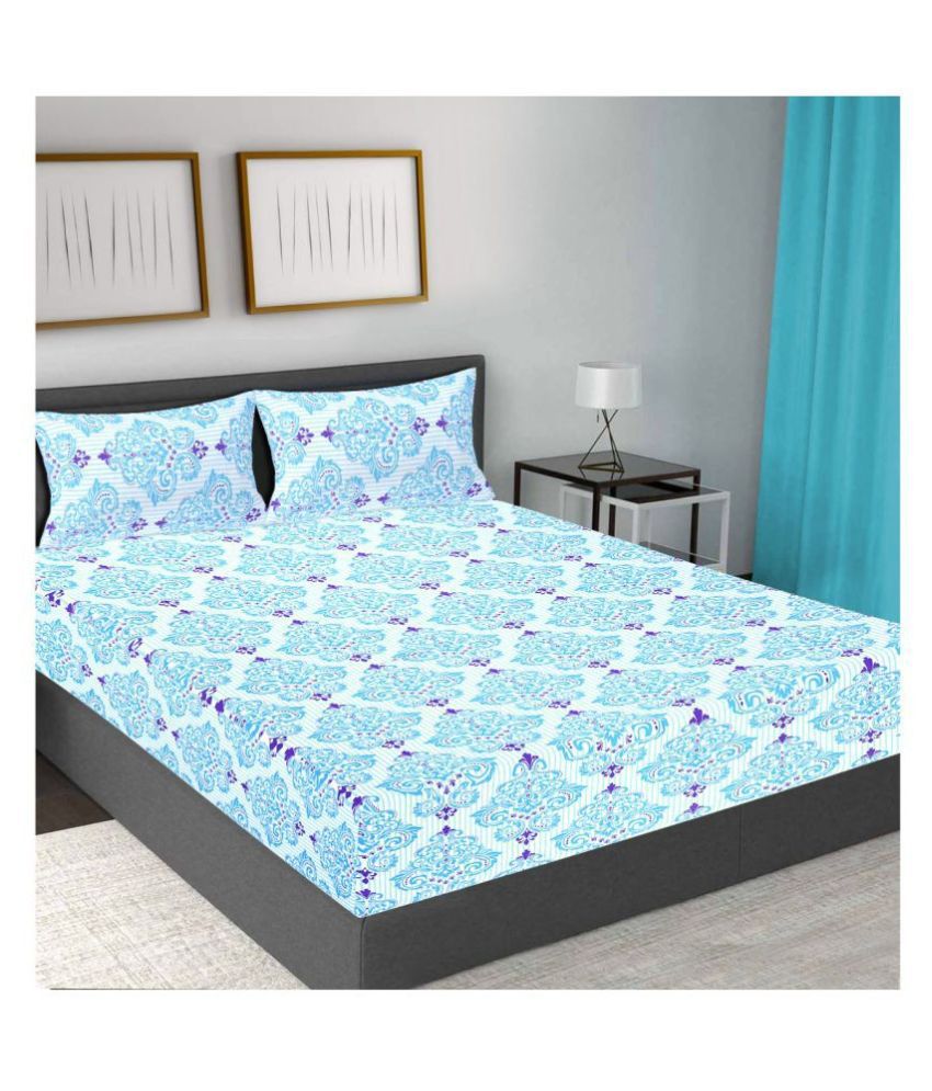     			Frionkandy Cotton Queen Bed Sheet with Two Pillow Covers - Turquoise