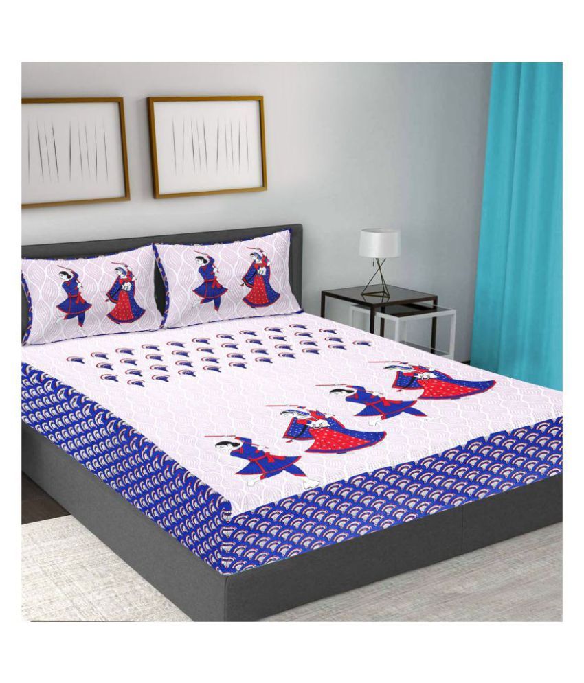     			URBAN MAGIC - Blue Cotton Queen Bedsheet with 2 Pillow Covers