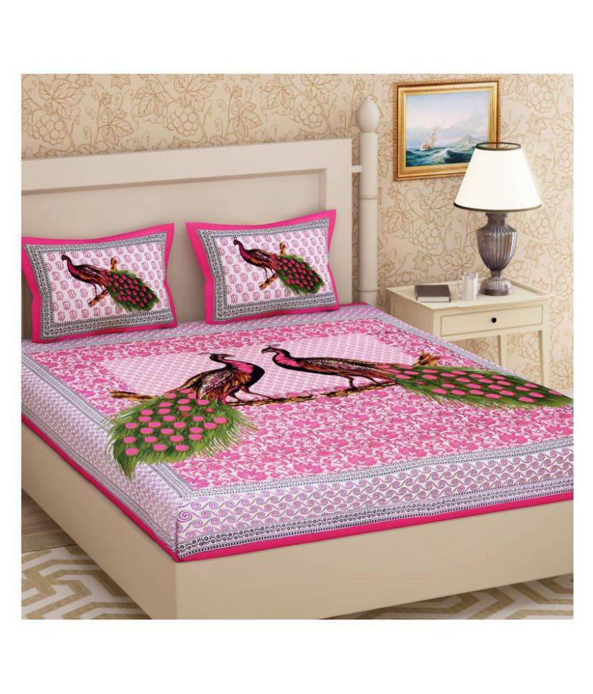     			FrionKandy Living Cotton Birds Queen Bedsheet With Two Pillow Covers -Pink