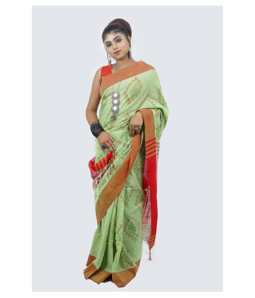    			Handloom Point Green Cotton Blend Saree - Single
