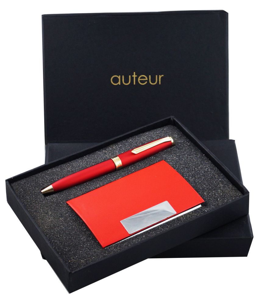     			“auteur” Gift Set,A  Ball Pen, A Premium RFID Safe Card Wallet, In Red Color Metal Pen & PU Leather Body ATM/Debit/Credit/Visiting Card Holder, Excellent Corporate Gift Set Packed in an Attractive Box.