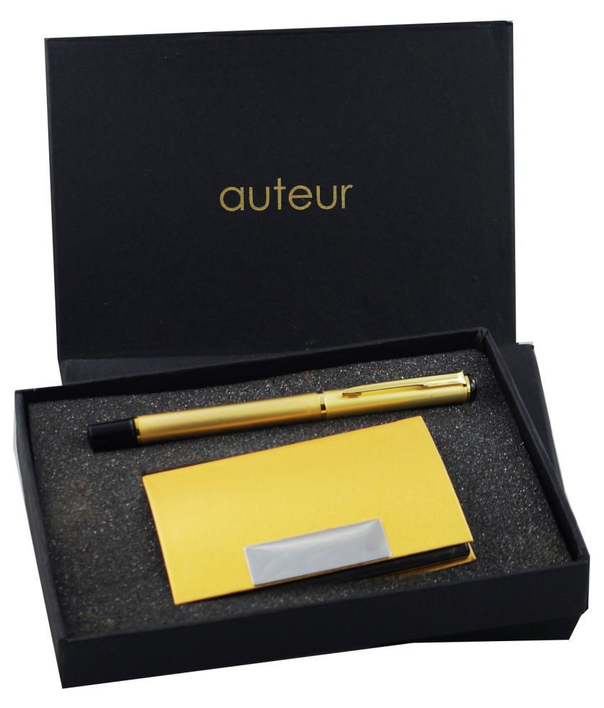     			auteur Gift Set,A Roller Ball Pen, A Premium RFID Safe Card Wallet, In Golden Color Metal Pen & PU Leather Body ATM/Debit/Credit/Visiting Card Holder, Excellent Corporate Gift Set Packed in an Attractive Box.