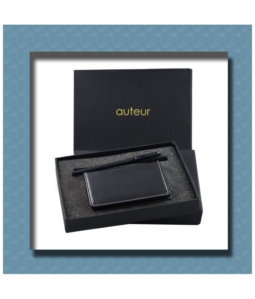     			“auteur” Gift Set,A Roller Ball Pen, A Premium RFID Safe Card Wallet, In Black Colour Metal Pen & PU Leather Body ATM/Debit/Credit/Visiting Card Holder, Excellent Corporate Gift Set Packed in an Attractive Box.