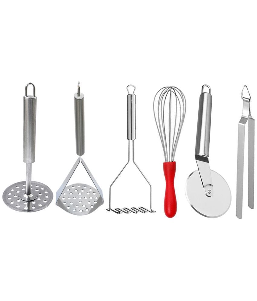     			JISUN Stainless Steel Kitchen Tool (Contains: 3 Potato Masher, 1 Roti chimta, 1 Dolphin Whisk, 1 Pizza Cutter) Silver Kitchen Tool Set