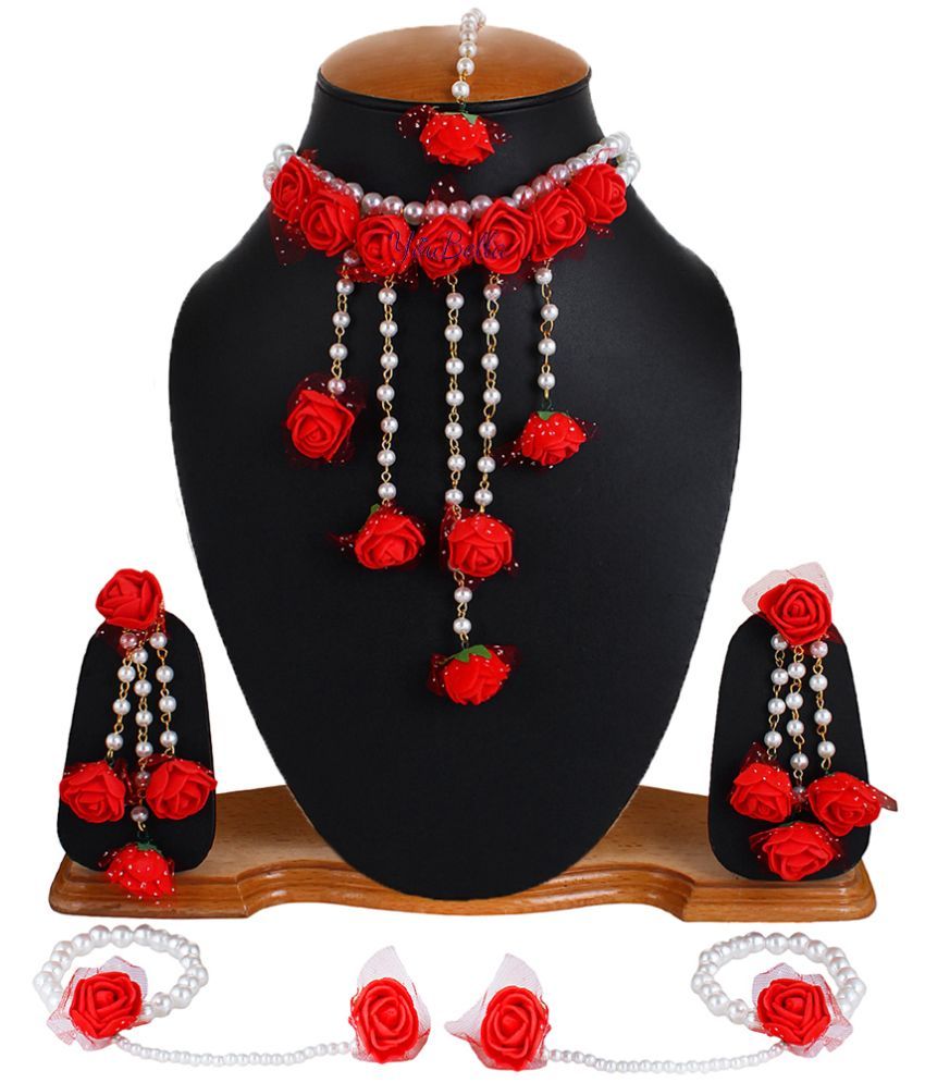     			YouBella Jewellery Set for Women Floret Gota Patti Necklace, Earrings, Bracelet & Maang Tika for Women & Girls (Mehandi/Haldi) (Red)