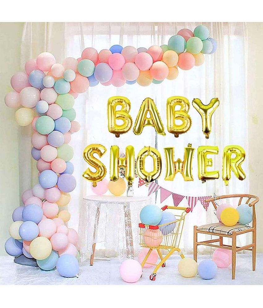     			Balloon Junction Themez Only Baby Shower Party Decoration Banner (GOLD) with Balloons (Multicolor Pastel/ Macaroon) - Total Pack of 60 pcs
