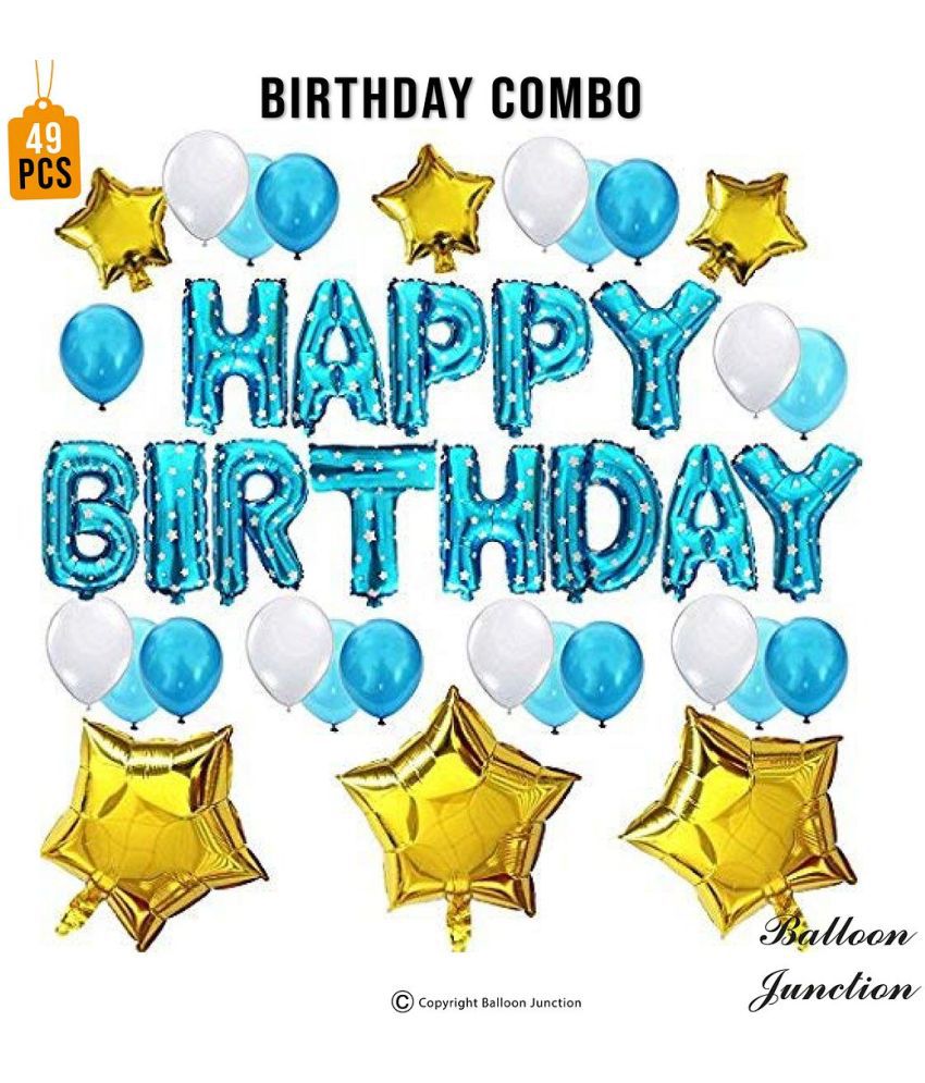     			Balloon Junction Themez Only "Happy Birthday" Letter Foil Balloon Set of 13 Letters (BLUE) with 30 pcs D Blue , Blue & White Metallic Balloons and 6 pcs Gold STAR Foil - Pack of 49 pcs