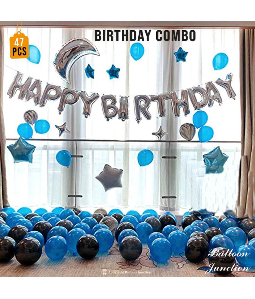     			Balloon Junction Themez Only "Happy Birthday" Letter Foil Balloon Set, (Silver) / Star Foil Balloons for Birthday, Latex Balloons (Blue + Black) - Total pack of 47 pcs