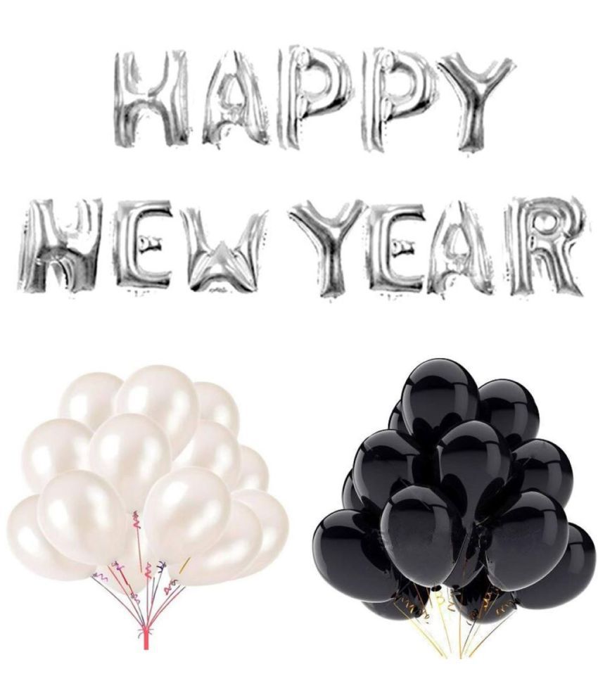     			Kiran Enterprises Happy New Year Foil Letter ( Silver ) + 30 Metallic Balloon ( Black, White )