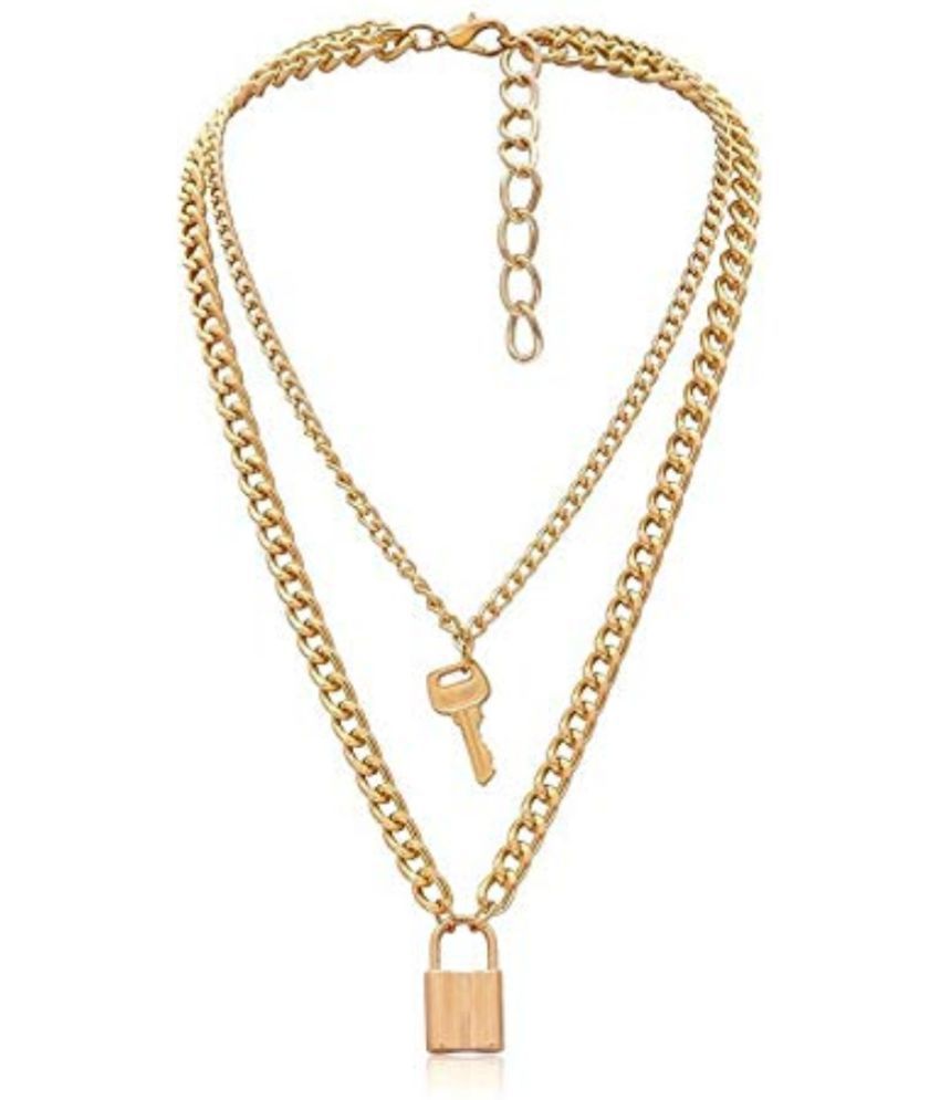    			YouBella Valentine Non-Precious Metal Alloy No Gemstone Jewellery Multi Layered Gold Plated Lock and Key Necklace for Women (Gold)