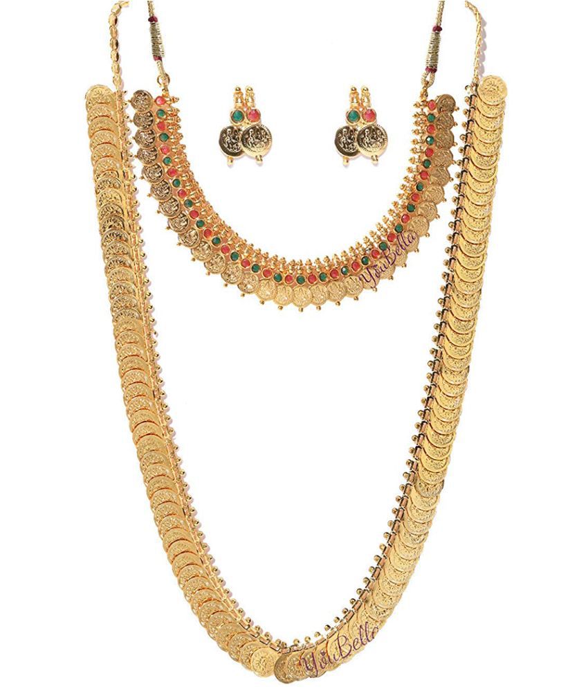     			YouBella Jewellery Gold Plated Jewellery Long Traditional Maharani Coin Necklace Set and Red Green Coin Jewellery Set with Earrings for Girls and Women
