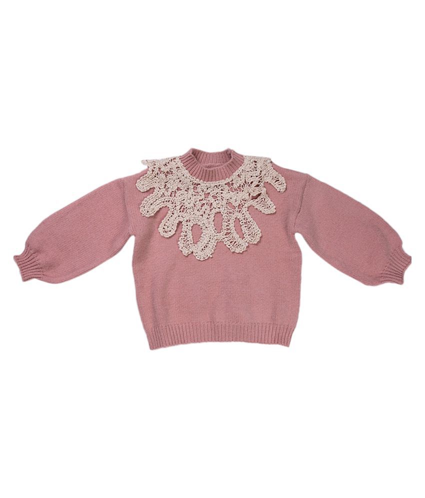 Hopscotch Girls Acrylic Fibres Long Sleeves Applique Lace Sweaters in Dark Pink Color For Ages 2-3 Years (HZT-3735518)