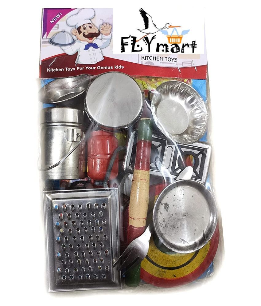 FLYmart Steel Kitchen Set Toys for Kids   Role Playing Kitchen Set in  Stainless Steel with Wooden Chakla Belan Set   Master Chef Role Playing  Kitchen ...