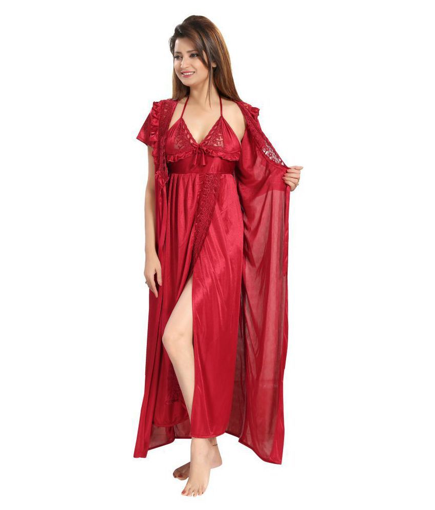     			Reposey Satin Night Dress - Maroon Single