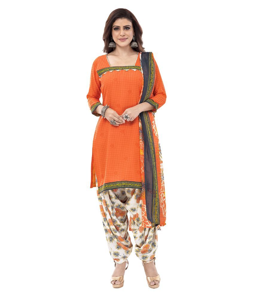     			Jevi Prints Orange Crepe Unstitched Dress Material - Single