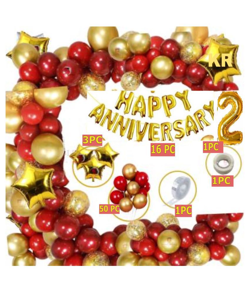     			KR Solid Red Gold Foil Boys Girls 2nd Happy Anniversary Balloon Decoration Kit Combo (Pack of 76)