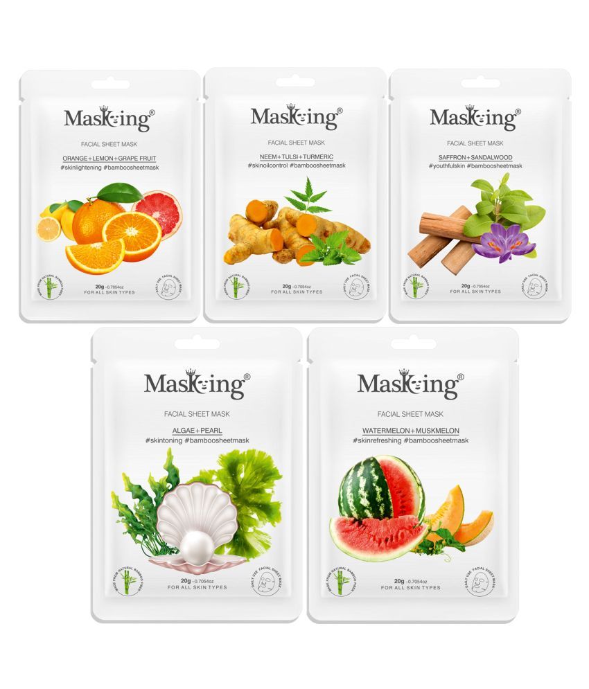     			Masking Bamboo Orange Neem Saffron Algae Watermelon Face Sheet Mask 100 ml Pack of 5