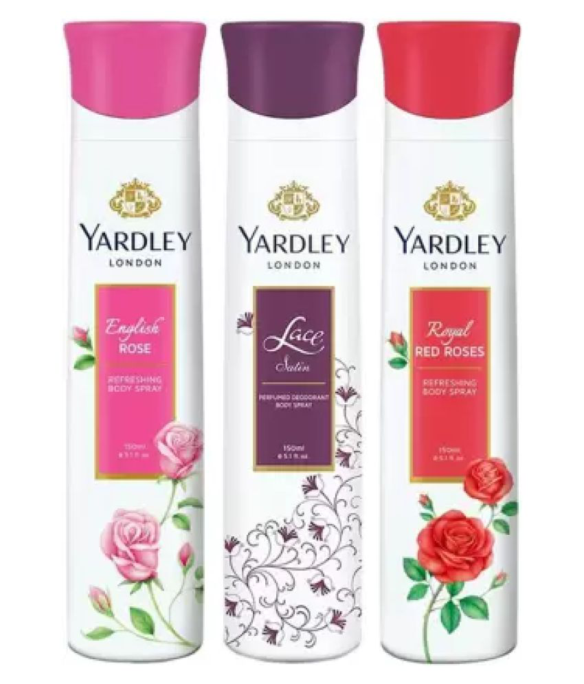     			Yardley London Deodorants ENGLISH ROSE,RED ROSE,RACE SATIN Deodorant Spray - For Women  (150 ml each, Pack of 3)