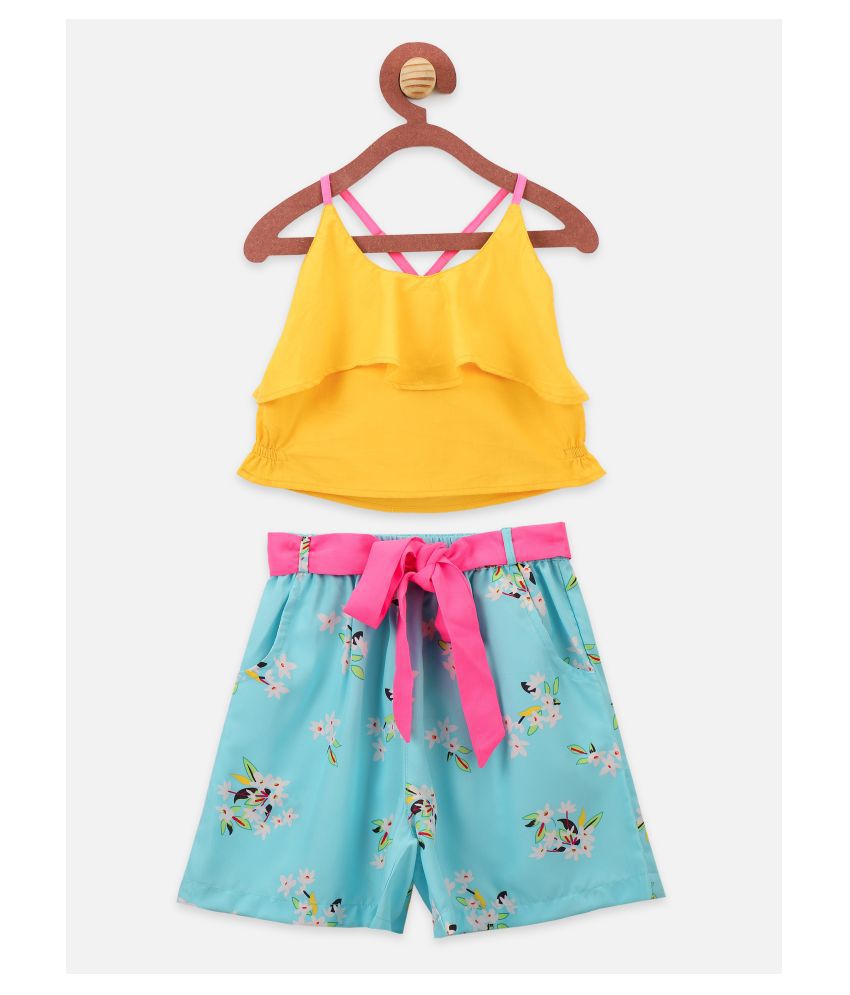     			Yellow Crop Top with Sky Blue Shorts Set