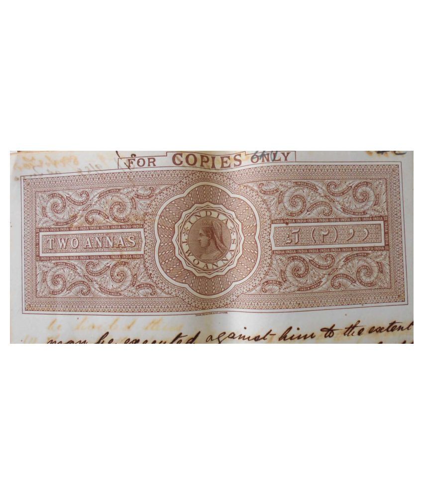     			BRITISH INDIA  - 2 Annas  - QUEEN VICTORIA QV ( 1880 - 1902 ) - BOND PAPER - REVENUE COURT FEE - more than 100 years old vintage collectible