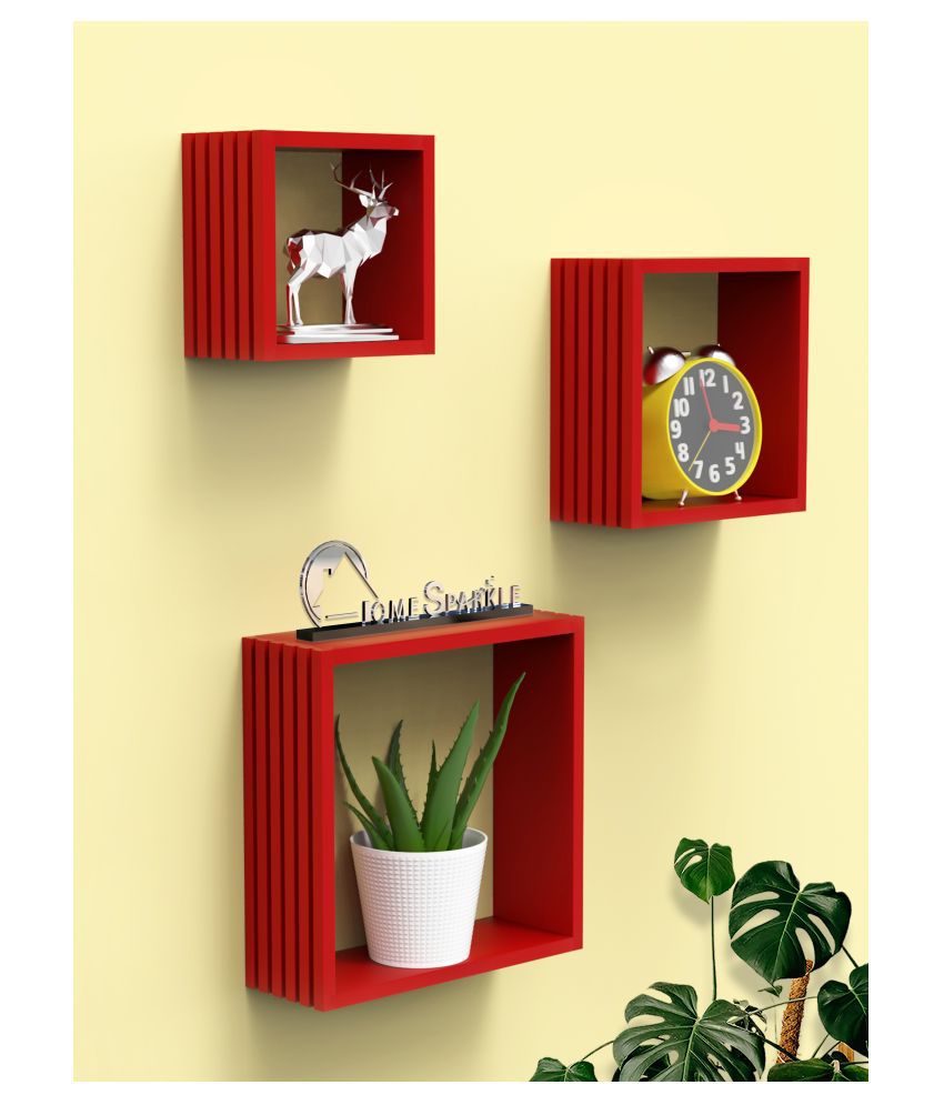     			Home Sparkle Louvers Design Wall Mounted Floating Shelves | 3 Set Decorative Cube Shelves Rack | Ideal for Decoration in Living Room, Bedroom & Wall Floating Bookshelf (Red)