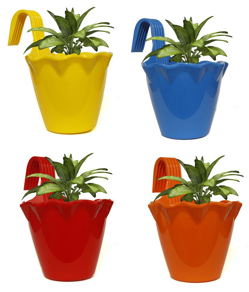 Homspurts Plastic Single Hook Hanging Pot Planter Flower Pots Set of 4 Pieces(Assorted Colours)