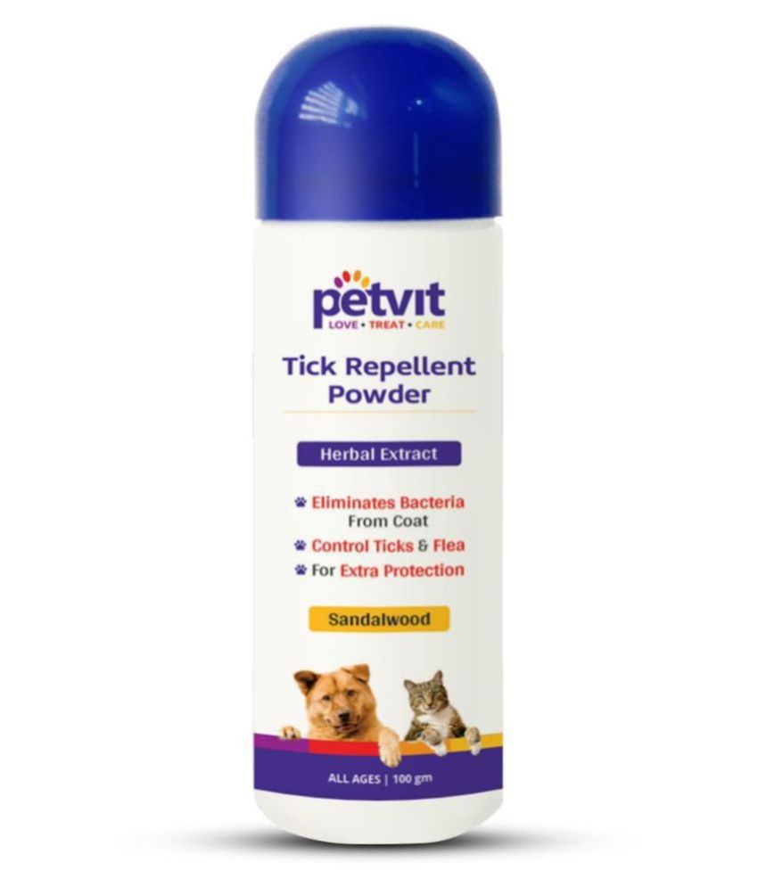 Petvit Tick Repellent Powder with Sandalwood, Bakuchi | For Ticks and Fleas, Itching, Fungal Infection| Paraben Free & pH-Balance -For All Breed Dog & Cat – 100gm