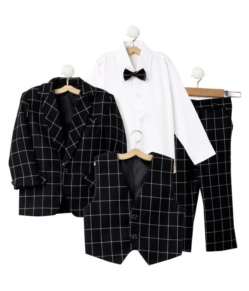 Hopscotch Boys Silk Blend And Cotton Coat With Shirt, Waistcoat, Bow And Pant Set in Black Color For Ages 7-8 Years (JJD-1964779)