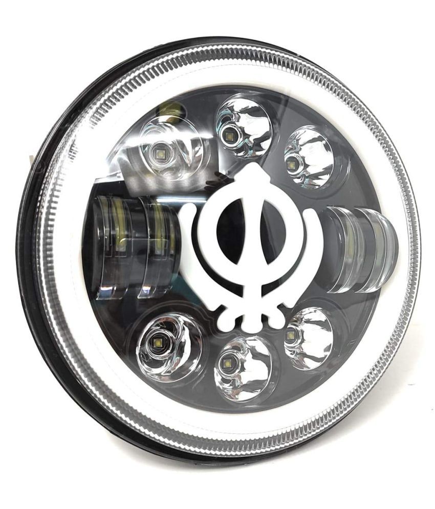 Acube Mart LED Wahe Guru H4 Fitting Khanda Style LED Headlight for Bullet,thar,jeep,White, 7 Inch