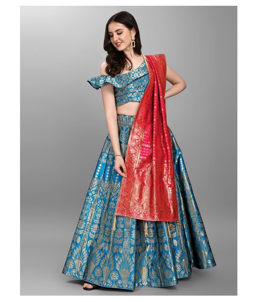     			PURVAJA Blue Jacquard Circular Semi Stitched Lehenga Single