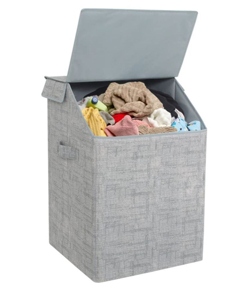     			PrettyKrafts Laundry Square Shape Basket Bag/Foldable/Multipurpose/Carry Handles/Slanting Lid for Home, Cloth Storage,(Single) Jute Grey