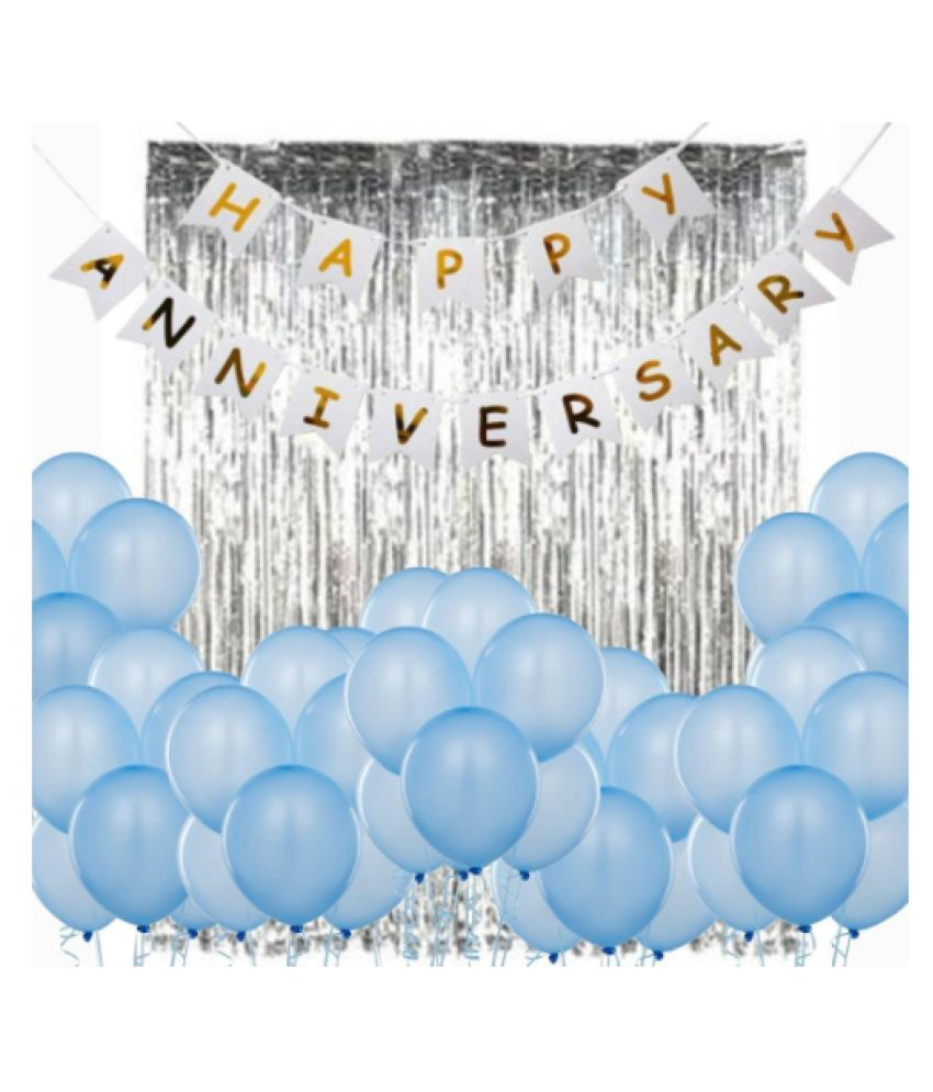     			Blooms Event Happy Anniversary  White Banner, Silver fringe, Light Blue Balloons Set of 12 Pcs