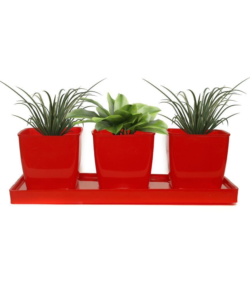 Homspurts Red Plastic Orbit Pot with Tray (3 Small Pot with Tray)