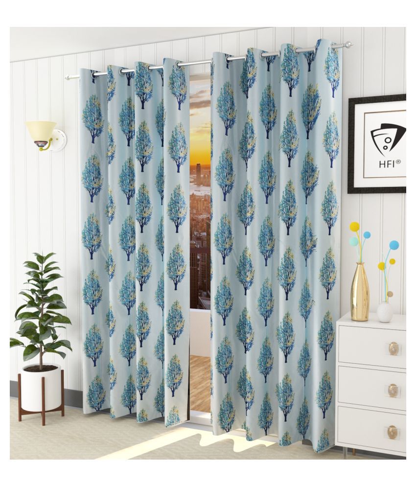     			Homefab India Floral Semi-Transparent Eyelet Window Curtain 5ft (Pack of 2) - Blue