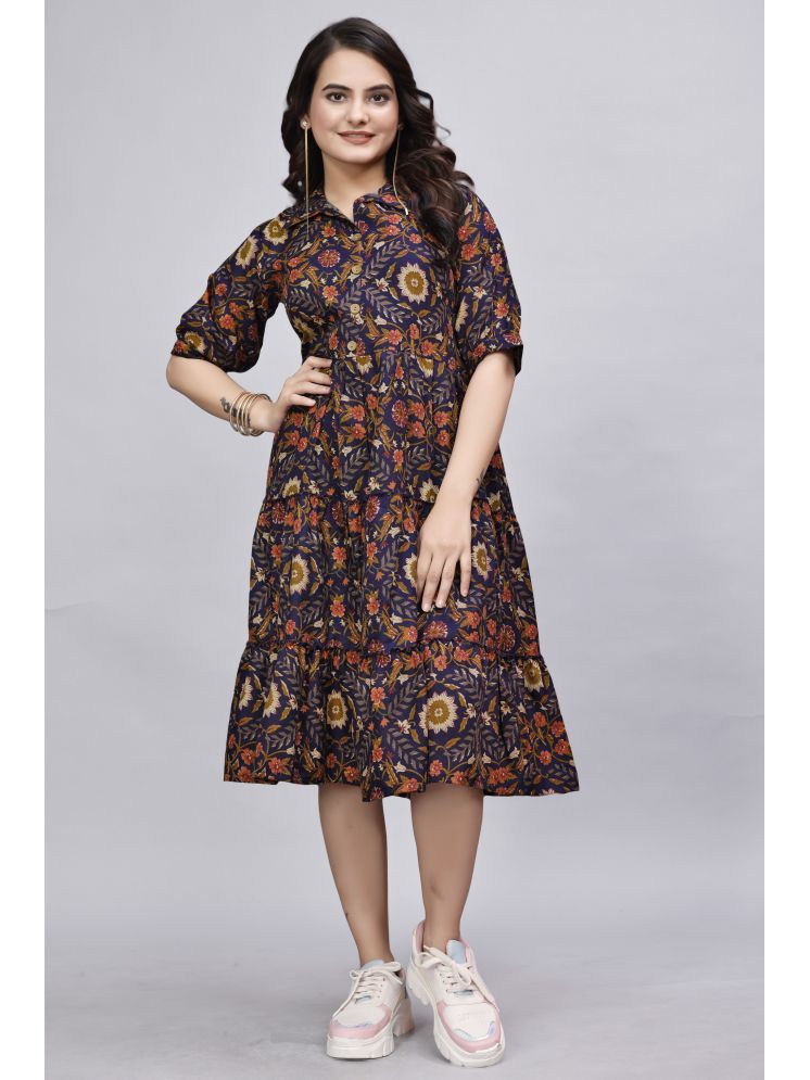     			Devakii Cotton Blend Printed Knee Length Women's Fit & Flare Dress - Navy Blue ( Pack of 1 )