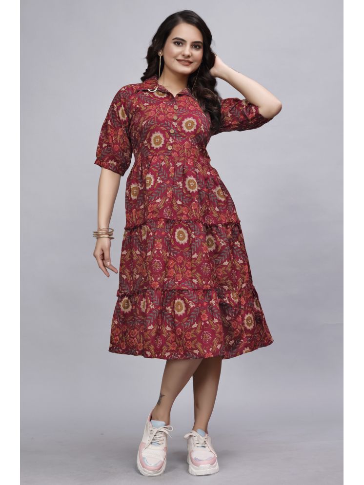     			Devakii Cotton Blend Printed Knee Length Women's Fit & Flare Dress - Maroon ( Pack of 1 )