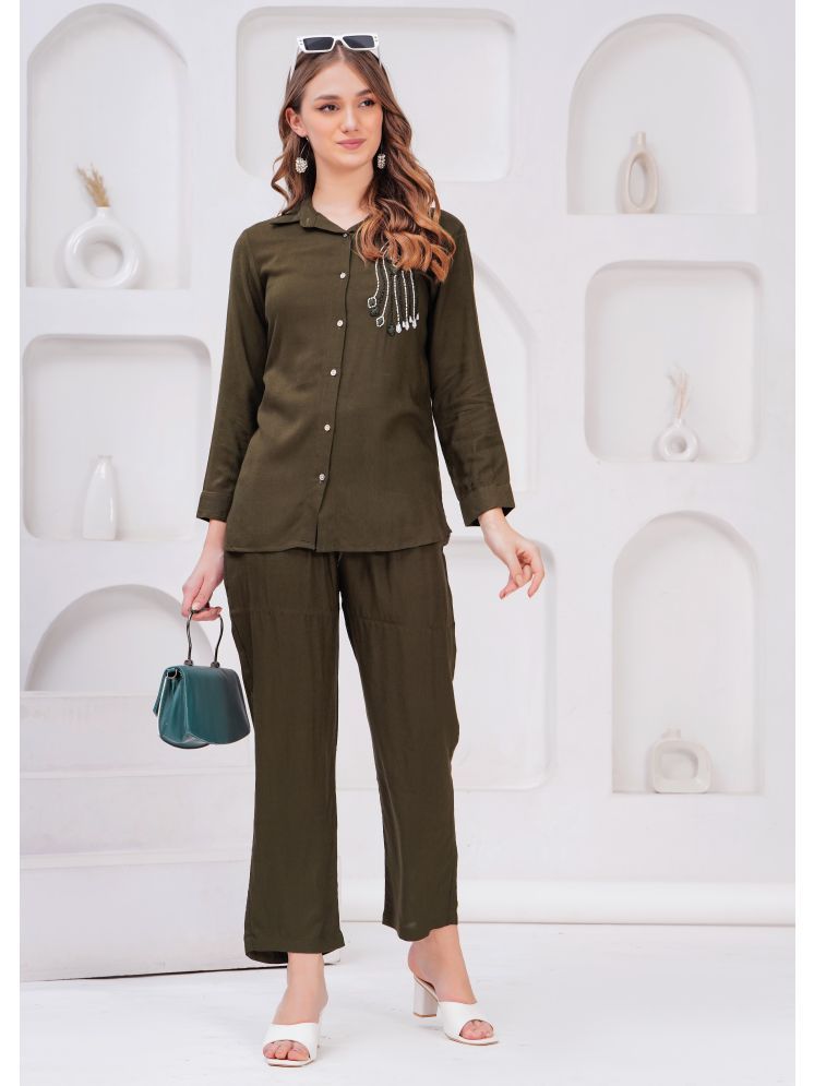     			HIGHLIGHT FASHION EXPORT Olive Solid Pant Top Set