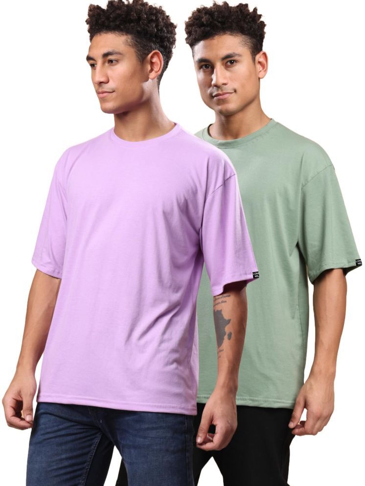     			LONDON HILLS Cotton Blend Oversized Fit Solid Half Sleeves Men's Round T-Shirt - Lavender ( Pack of 2 )