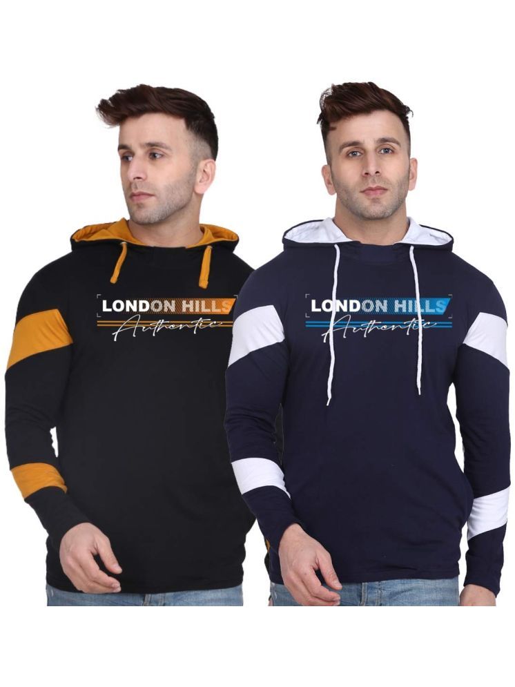     			LONDON HILLS Cotton Blend Regular Fit Colorblock Full Sleeves Men's Hooded T-Shirt - Navy ( Pack of 2 )