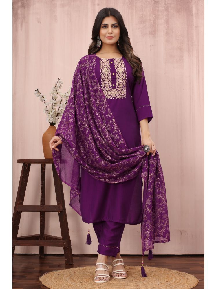     			Mingora Cotton Blend Embellished Kurti With Pants Women's Stitched Salwar Suit - Wine ( Pack of 1 )