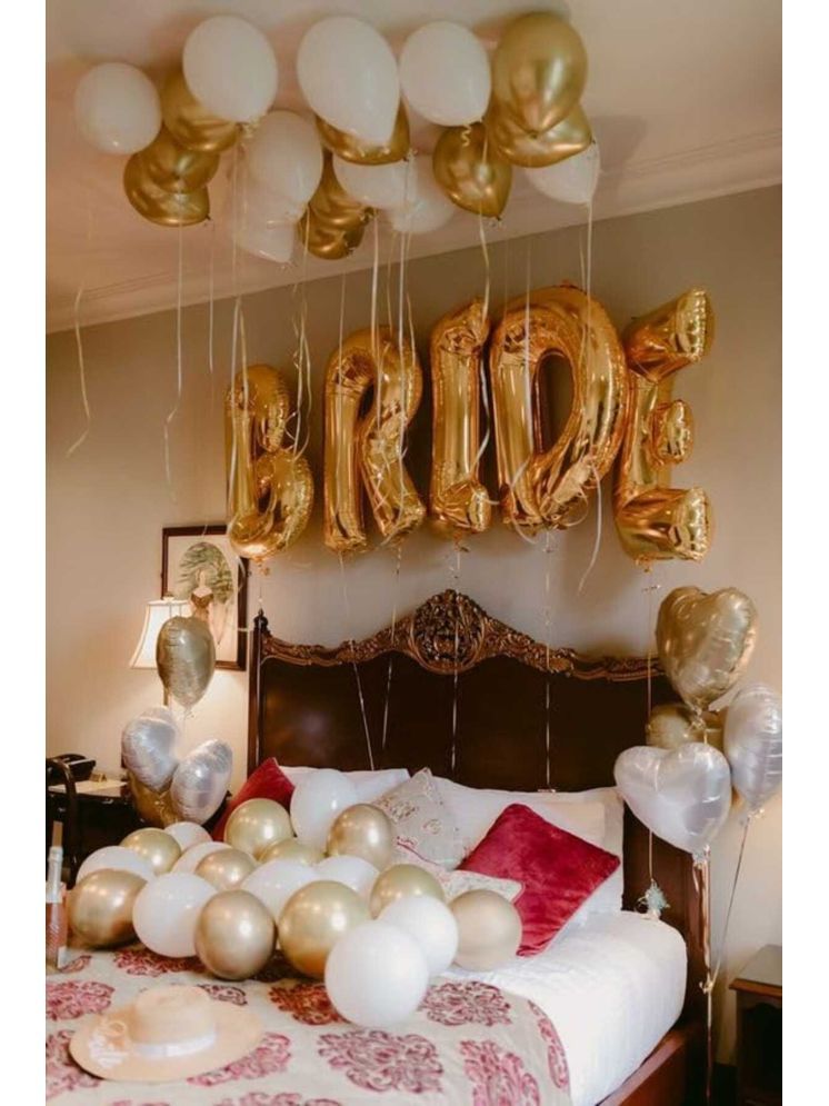     			PartyBooms Bride Gold Foil Decoration, 4 Gold Heart Foil, 4 White Heart 20 White & Gold Metalic Balloons Pack of 29