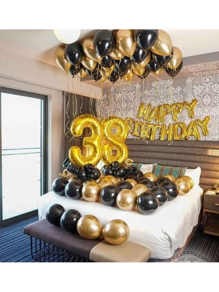     			PartyBooms Happy BIrthday Gold Foil Decoration, 38 Number Gold Foil Balloon, 20 Gold, 20 Black, Metalic Balloons Pack of 43